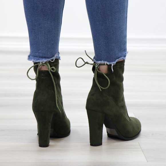 Round Toe Olive Suede Ankle Heeled Boots, Booties - Picture 11 of 13